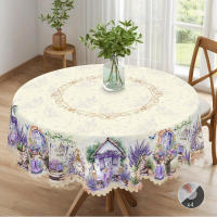 Mantel redondo de lino lavanda con estampado de gato bonito disponible en 5 tamaños elegante mesa de cocina de jardín para uso diario en el hogar - details 2