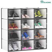 Organizador de Zapatos de Plástico Transparente con Puerta 12 Set, Plegable y Apilable, Tamaño 35,7 x 27,6 x 20,8cm Negro - details 17