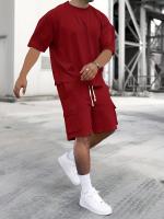 Tela transpirable] Conjunto de ropa deportiva beige para hombre: camiseta de poliéster con cuello redondo y pantalones cortos con cordón, lavable a máquina, comodidad de verano - details 0