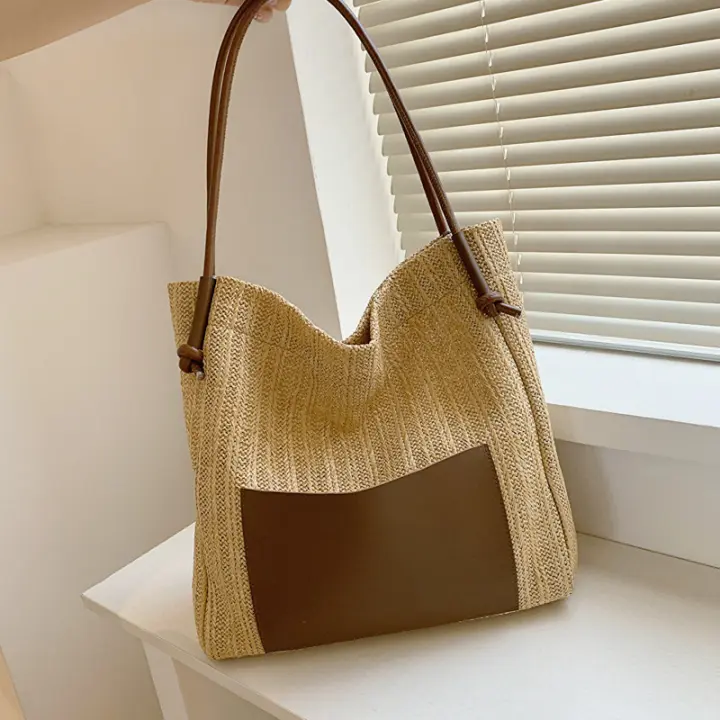 Bolso de mano de punto ahuecado de paja, bolso de hombro hecho a mano de gran capacidad, bolso de playa informal de diseñador para mujer - 1