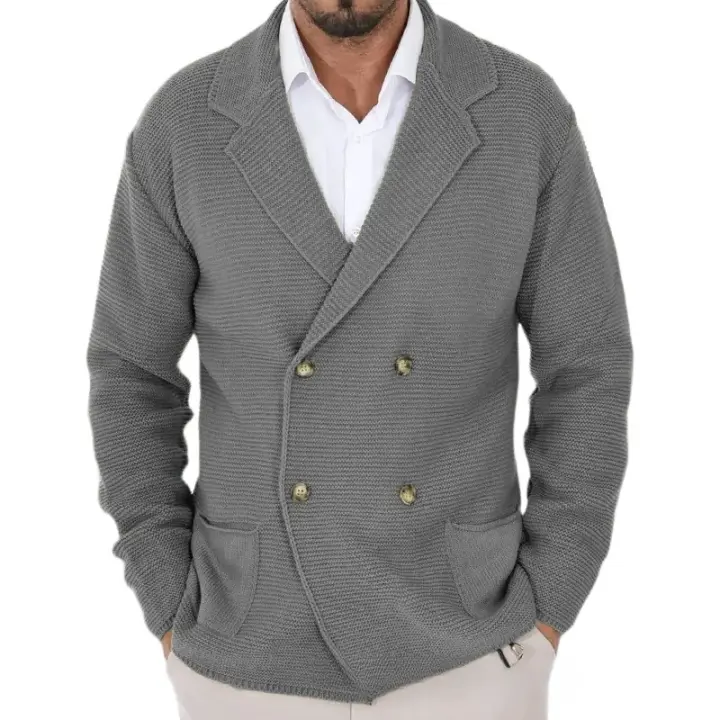 Suéter de punto con doble botón y solapa fina para hombre, chaqueta, ropa de moda de talla grande, otoño e invierno - 1