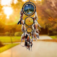 Atrapasueños con cabeza de lobo, pintura al óleo, atrapasueños, decoración de pared del hogar, colgante de pared, colgante de pluma natural, atrapasueños grande - details 2