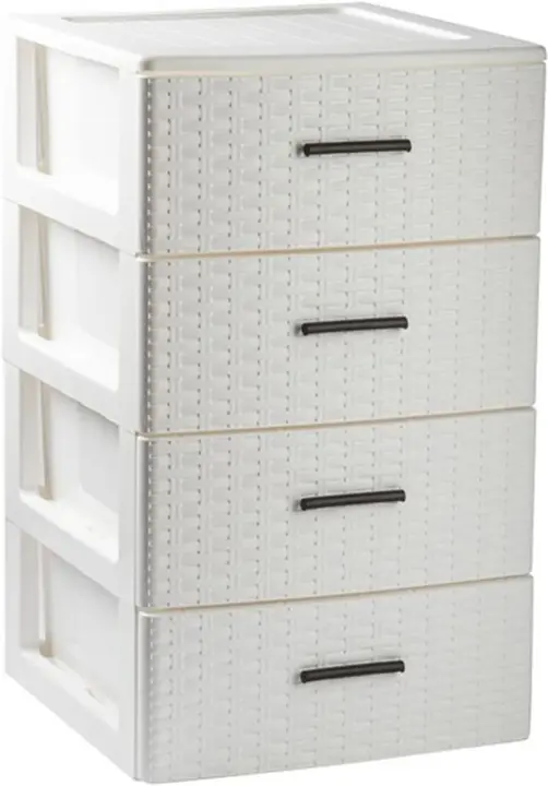 Cajonera de Ordenación Modelo Rattan - 4 Niveles - Torre de almacenaje multiusos, organizador auxiliar, almacenaje, baño - 61,5 x 36,5 x 36,5 cm - Color Blanco - 1