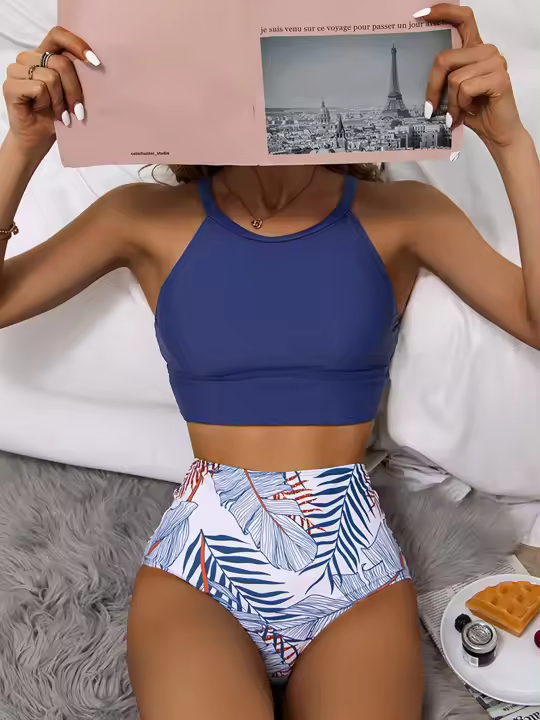 Bikini Sexy para mujer, traje de baño de cuello alto, traje de baño femenino de dos piezas, conjunto de Bikinis de cintura alta, ropa de playa para traje de baño 2024 - 1