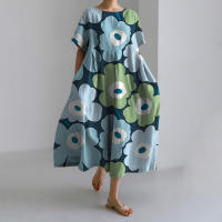 Novedad de verano, vestido elegante Vintage estampado de manga corta con cuello redondo, vestidos largos informales holgados con bolsillos y temperamento - details 3