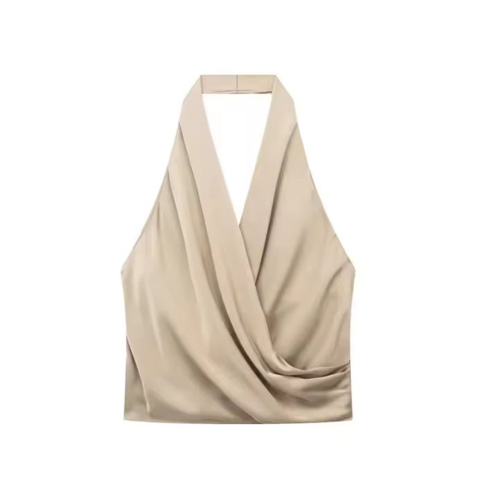 OUWU- top halter de satén a la moda para mujer, top elegante versátil plisado lateral sin espalda para mujer 2025 - 1