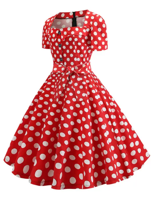 Retro polka dot women summer square collar elegant vintage dress - 1