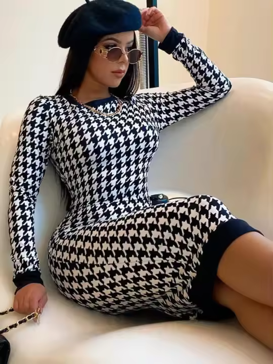 Vestido sin tirantes cubierto estampado de manga larga para mujer, ropa xy t, otoño invierno, club, elegante y delgado - 1