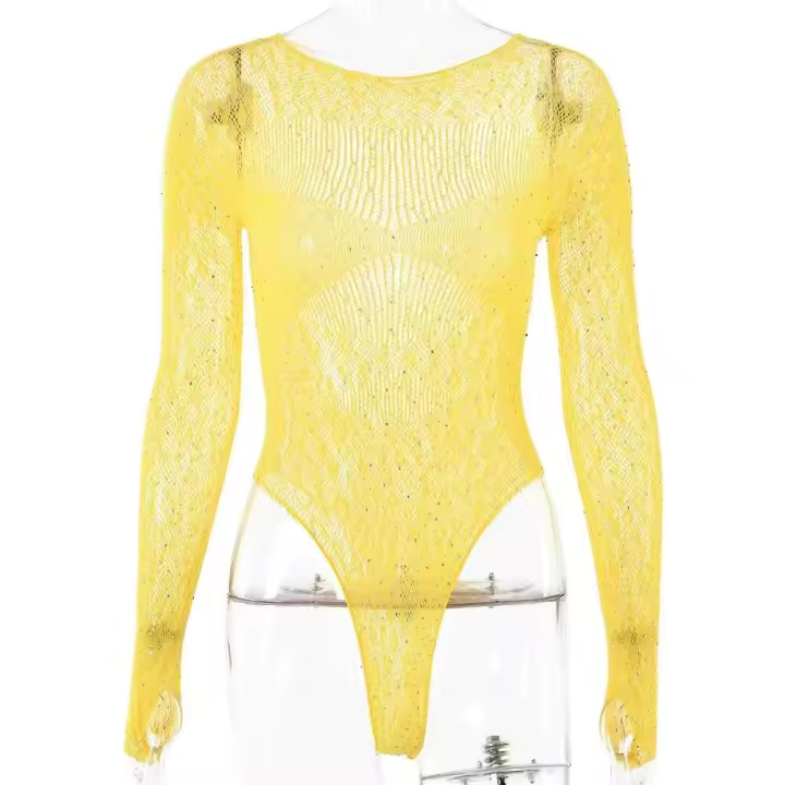 Mameluco Ustado ropa de mujer transparente de manga larga, top, camiseta de diamantes artificiales brillantes, mono de fiesta y club, - 1
