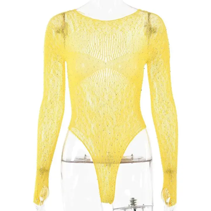 Mameluco Ustado ropa de mujer transparente de manga larga, top, camiseta de diamantes artificiales brillantes, mono de fiesta y club, - 1