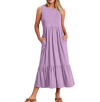 Vestido de verano informal sin mangas con cuello redondo para mujer, vestido largo de playa con gradas, trajes de vacaciones - details 8