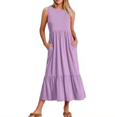 Vestido de verano informal sin mangas con cuello redondo para mujer, vestido largo de playa con gradas, trajes de vacaciones - 1