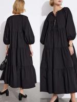 Vestido midi de verano elegante de manga larga con cuello redondo y lazo en la parte delantera A-e para mujer - details 3