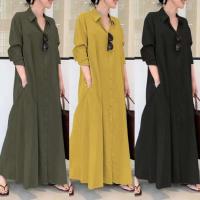 Vestidos sencillos e informales de Color liso para mujer, vestidos largos holgados con solapa y manga de un solo pecho, Vestidos para ir al trabajo - details 1