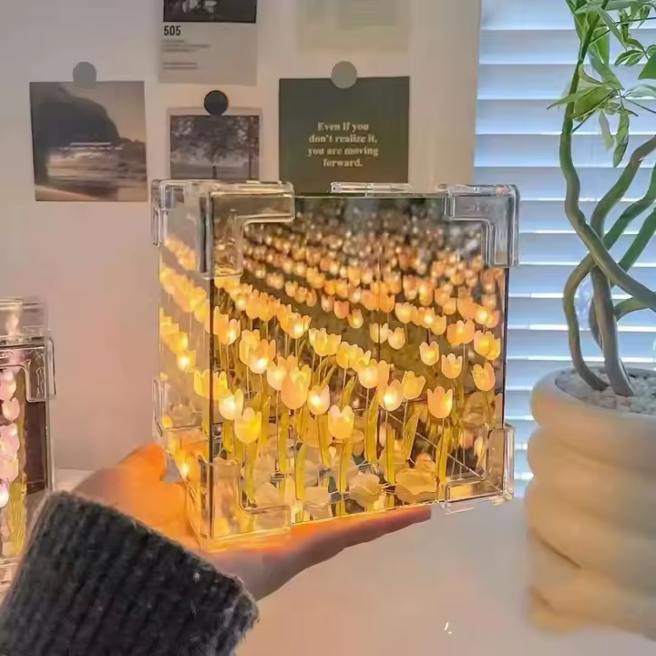 DIY cubo simulación flor dormitorio lámpara de mesa para dormir artesanía hecha a mano tulipán espejo luz nocturna regalos de cumpleaños - 1