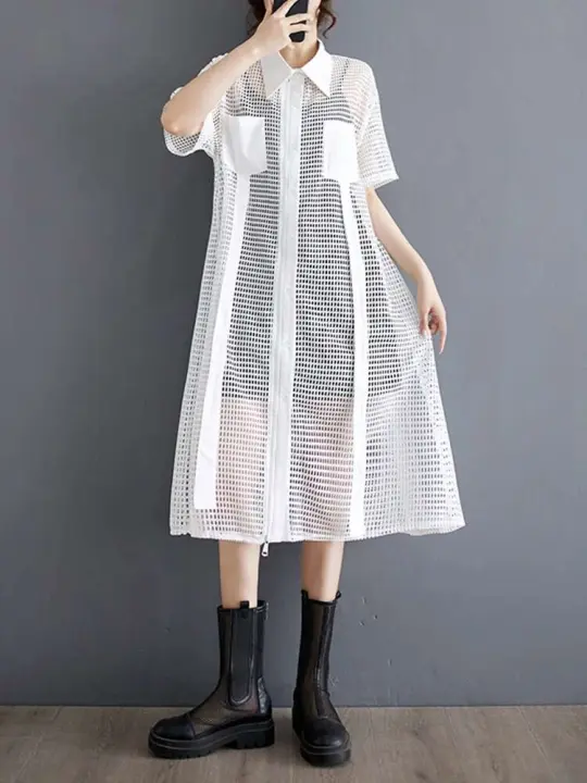 XITAO camisa a cuadros ahuecada Color sólido suelta moda manga corta cremallera empalme mujeres A-e vestido novedad de verano LYD1898 - 1