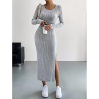 Estilo europeo y americano 2025 nuevo vestido largo de punto de cuello redondo de manga larga mujer - details 0
