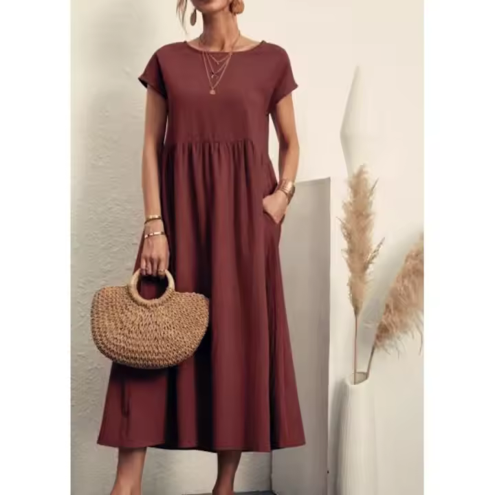 Vestido holgado sin mangas de algodón y lino con bolsillos de color liso - 1