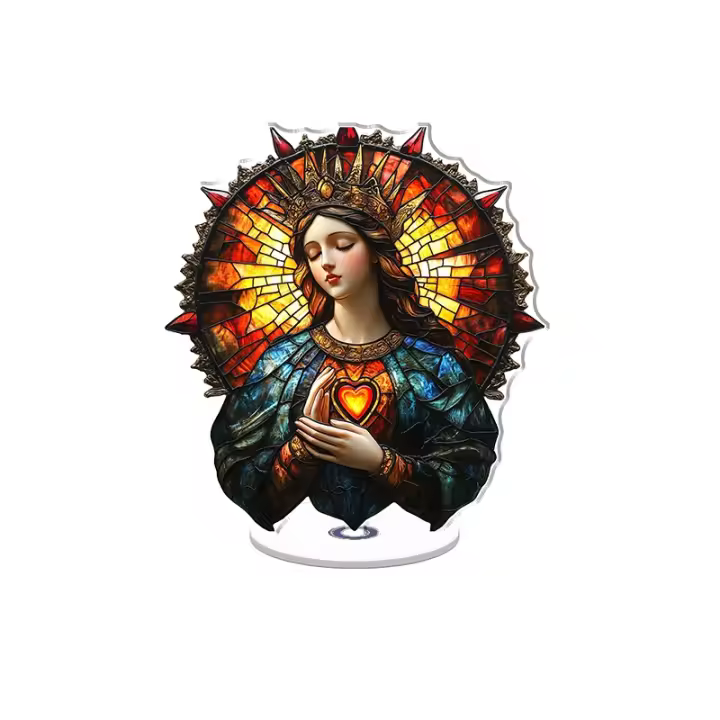 Adorno acrílico giratorio que representa a la Virgen María adornada con una corona adornada con un hermoso diseño de vidrieras. - 1
