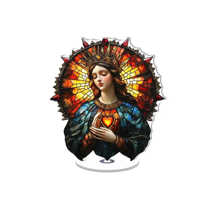 Adorno acrílico giratorio que representa a la Virgen María adornada con una corona adornada con un hermoso diseño de vidrieras. - 1
