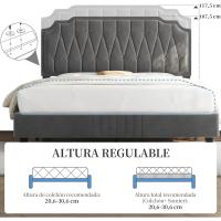 Tapizado en terciopelo Cama de matrimonio con cabecera ajustable en altura Marco de cama Soporte con listones de madera 160 × 200 cm Beige - details 38