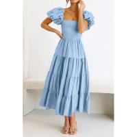 Vestido de manga corta fruncido con cuello cuadrado y espalda descubierta a la moda para mujer - details 20