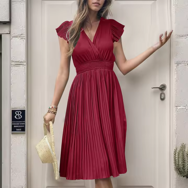 Vestido plisado de verano para mujer, manga corta, color liso - 1