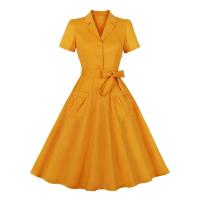 Vestido de Algodón de Color Sólido Vintage Hepburn 2024 Estilo Retro de Moda de Verano con Camisa Corta y Bolsillos - details 1