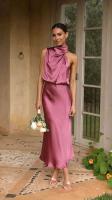 Elegante Vestido Largo de Satén de Color Sólido Cuello Halter sin Mangas Ideal para Fiestas - details 4