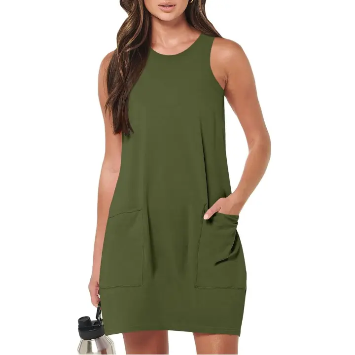 Vestido veraniego informal de Color sólido Vintage sin mangas con cuello redondo y bolsillos para mujer, vestidos cortos sin mangas para vacaciones en la playa - 1