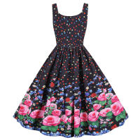 Women vintage spaghetti strap floral print high waist elegant sleeveless a-line party midi dress - details 11