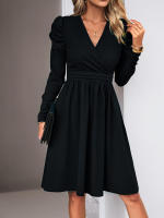 Vestido elegante con cuello en V y manga G para mujer, ropa de color sólido, moda para otoño e invierno - details 8