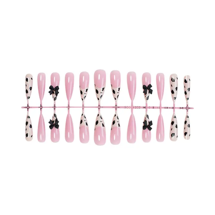 Uñas vestibles uñas de leopardo color rosa lazo nude uñas postizas removibles uñas de uñas parches de uñas - 1