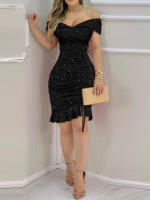 Vestido de noche Sexy brillante con hombros descubiertos para mujer, vestido ajustado informal con volantes, elegante con cordón - details 3