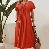 Nuevo vestido plisado de lino y algodón de manga corta con bolsillos y cuello redondo de Color sólido para mujer, vestidos Midi verde militar - details 2