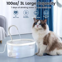 Fuente de agua para gatos, fuente para gatos de 100 oz/3 L, fuentes de agua para mascotas súper silenciosas para gatos de interior, luz LED de alarma de nivel de agua, fuente para gatos con grifo con bomba silenciosa para gatos y perros, sin BPA, fácil de - details 1