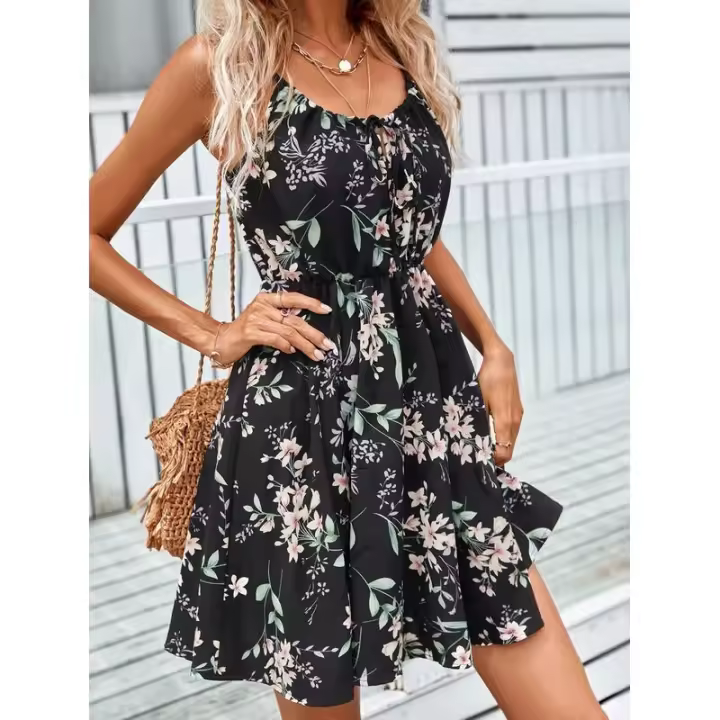 Vestido corto de verano nuevo elegante sin mangas con estampado y correa elástica en la cintura para mujer. - 1