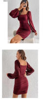 Vestido ajustado elegante y sexy con cuello cuadrado, mangas largas abullonadas de retazos de malla y corte ajustado fruncido para mujer - details 8