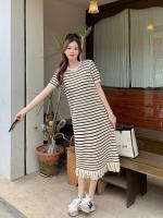 Vestido de punto a rayas de manga corta con borlas francesas para mujer en verano, falda larga fina, de alta gama, elegante y hermosa - details 5