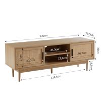 Mueble para TV, 130 cm, canaje real, madera, pasacables cables, almacenamiento, salón, comedor, beige