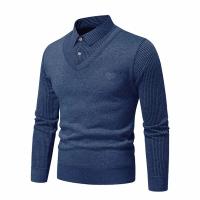 Otoño e Invierno nuevo suéter falso de dos piezas para hombres con forro polar y cuello tipo Polo ajustado camisa inferior de punto gruesa y cálida - details 6