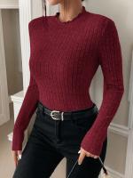 Top de punto de manga larga con cuello con volantes, camiseta interior a rayas con cuello medio para mujer, suéter informal de otoño-invierno - details 8