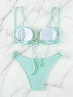 Conjunto de bikini de 2 piezas con estampado de teñido anudado azul, trajes de baño sin espalda de alta elasticidad con tela texturizada, trajes de baño y ropa para mujer - details 2
