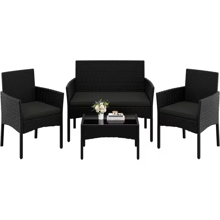 Conjunto de Muebles de Ratán de Jardín 4 Piezas, 1 Sofá 2 Sillones con Cojines y 1 Mesa con Vidrio para Patio/Terraza/Balcón (Negro/Gris) - 1