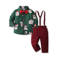 Camisa de algodón de caballero con cuello vuelto y manga larga con estampado Animal, pantalones con tirantes, traje Formal de dos piezas para niños - details 2