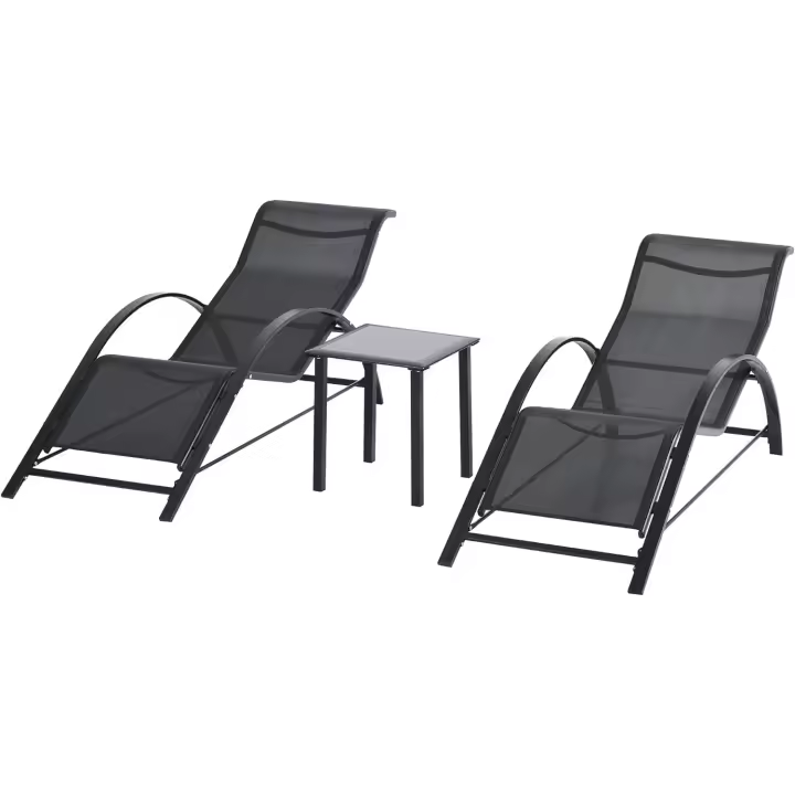 Juego de 2 Tumbonas Jardín Exterior con Mesa Auxiliar de Vidrio Templado Tumbonas con Respaldo Reposabrazos para Patio Piscina Terraza Exterior Negro - 1