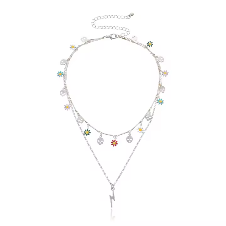 Collar de margaritas con esmalte de goteo, hoja de Metal con colgante de relámpago de aleación creativa multicapa a la moda - 1
