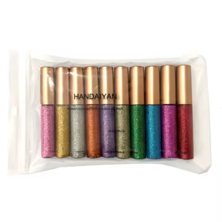 HANDAIYAN Delineador de ojos líquido, juego colorido, 10 colores, delineador de ojos metálico plateado dorado con diamantes, barras de delineador de ojos impermeables, brillo duradero - 1