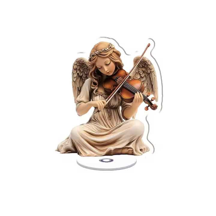 Figura acrílica giratoria de un elegante ángel tocando el violín con detalles intrincados y colores vibrantes sobre un fondo blanco puro. - 1