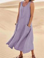 Vestido sin tirantes de lino y algodón para mujer, vestidos de colores lisos con bolsillos laterales dobles, vestido informal de verano - details 7